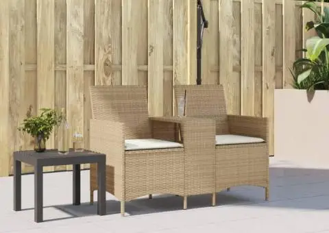 Canapea de grădină cu 2 locuri cu masă/perne, bej, poliratan - 3/5