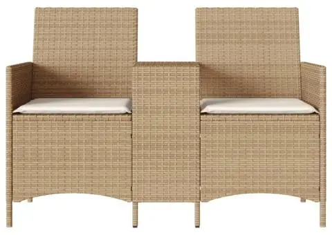 Canapea de grădină cu 2 locuri cu masă/perne, bej, poliratan - 4/5