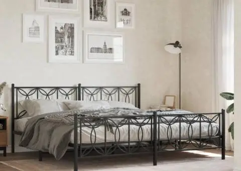 Cadru pat metalic cu tăblii de cap/picioare, negru, 193x203 cm - 1/5