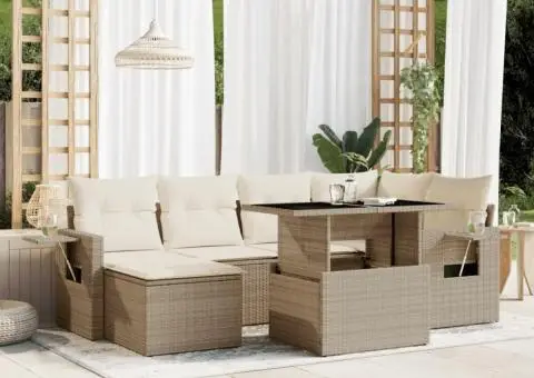 Set canapele de grădină, 7 piese, cu perne, bej, poliratan - 1/5