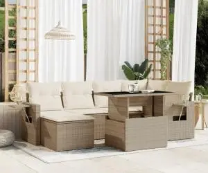 vidaXL Set canapele de grădină, 7 piese, cu perne, bej, poliratan