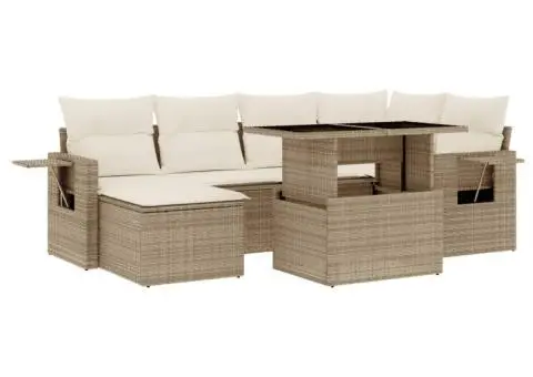 Set canapele de grădină, 7 piese, cu perne, bej, poliratan - 2/5