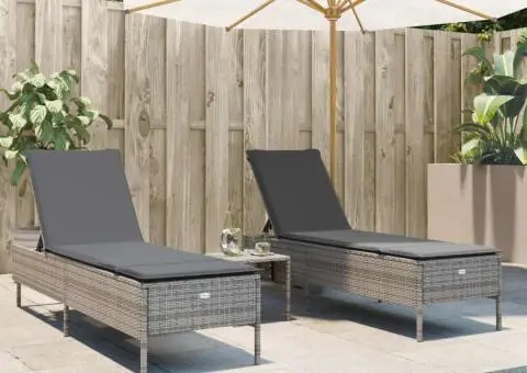 Set de șezlonguri, 3 piese, cu pernă, poliratan gri - 1/5