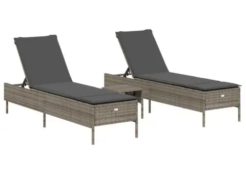 Set de șezlonguri, 3 piese, cu pernă, poliratan gri - 2/5