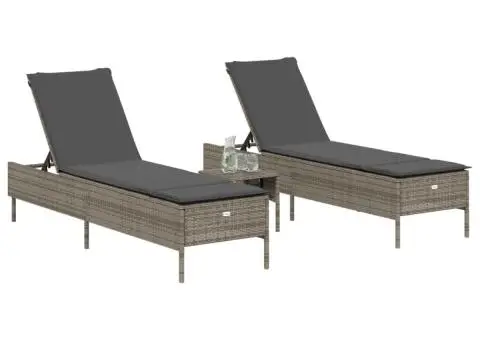 Set de șezlonguri, 3 piese, cu pernă, poliratan gri - 3/5
