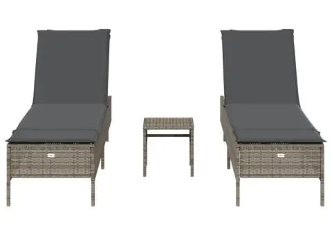 Set de șezlonguri, 3 piese, cu pernă, poliratan gri - 4/5