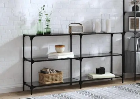 Măsuță de cafea, blat din sticlă negră, 158,5x30x81 cm, oțel - 1/5