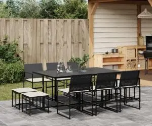 vidaXL Set mobilier de exterior cu perne, 11 piese, negru, poliratan