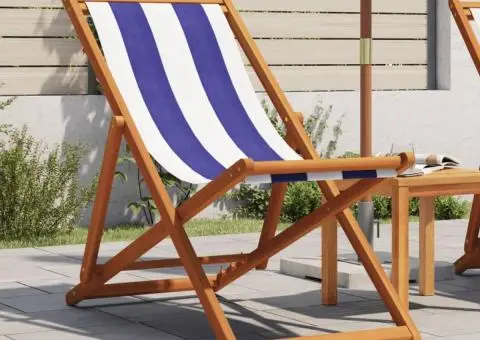 Scaun plajă pliabile albastru/alb lemn masiv eucalipt/țesătură - 1/5