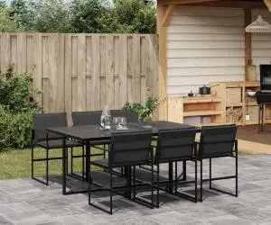 vidaXL Set mobilier de grădină, 7 piese, cu perne, negru, textilenă