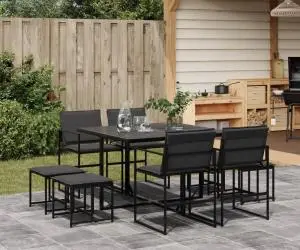 vidaXL Set mobilier de grădină, 9 piese, cu perne, negru, textilenă