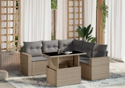 Set canapele de grădină cu perne, 6 piese, bej, poliratan - 1/5