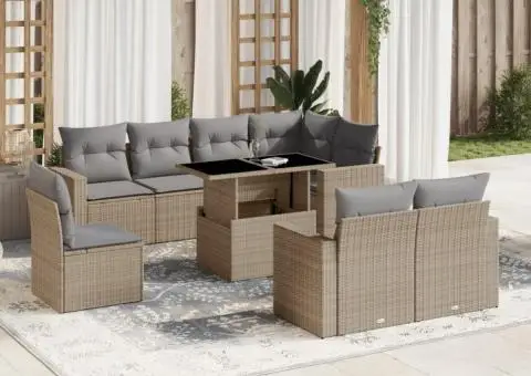 Set canapele de grădină, 9 piese, cu perne, bej, poliratan - 1/5