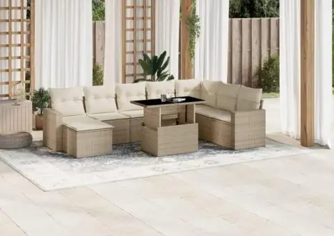 Set canapele de grădină, 9 piese, cu perne, bej, poliratan - 1/5