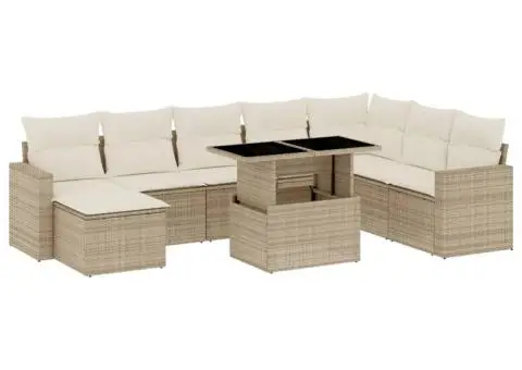 Set canapele de grădină, 9 piese, cu perne, bej, poliratan - 2/5