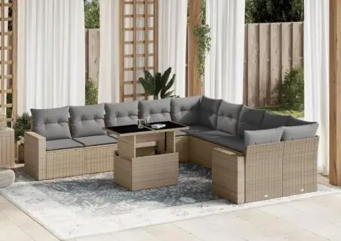 Set canapele de grădină cu perne, 11 piese, bej, poliratan - 1/5