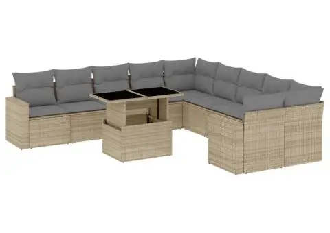 Set canapele de grădină cu perne, 11 piese, bej, poliratan - 2/5