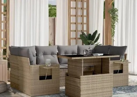 Set canapele de grădină, 7 piese, cu perne, bej, poliratan - 1/5