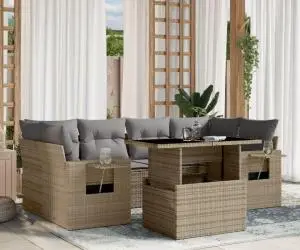 vidaXL Set canapele de grădină, 7 piese, cu perne, bej, poliratan