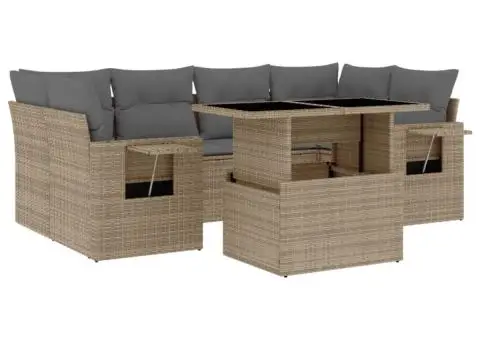 Set canapele de grădină, 7 piese, cu perne, bej, poliratan - 2/5