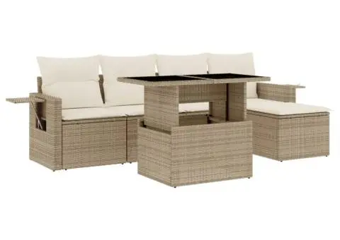 Set canapele de grădină cu perne, 6 piese, bej, poliratan - 2/5