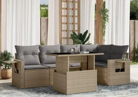 Set canapele de grădină cu perne, 6 piese, bej, poliratan - 1/5