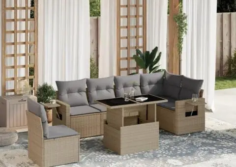 Set canapele de grădină, 7 piese, cu perne, bej, poliratan - 1/5