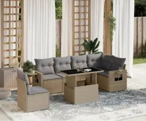 vidaXL Set canapele de grădină, 7 piese, cu perne, bej, poliratan