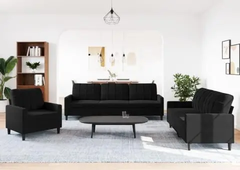 Set de canapele cu perne, 3 piese, negru, catifea - 3/5