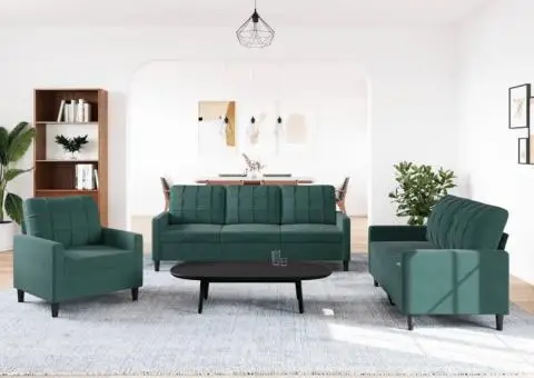 Set de canapele cu perne, 3 piese, verde închis, catifea - 3/5