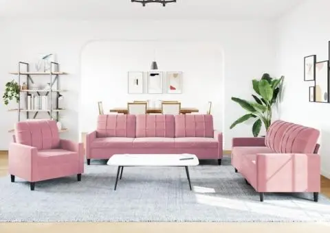 Set de canapele cu perne, 3 piese, roz, catifea - 3/5