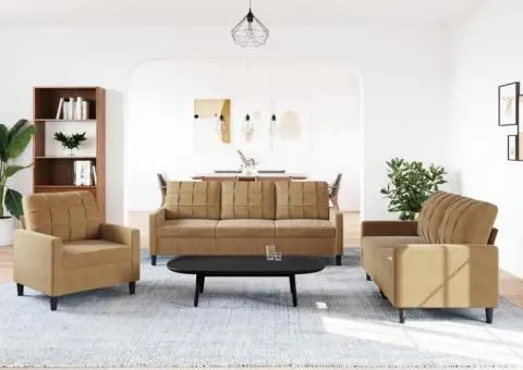 Set de canapele cu perne, 3 piese, maro, catifea - 3/5