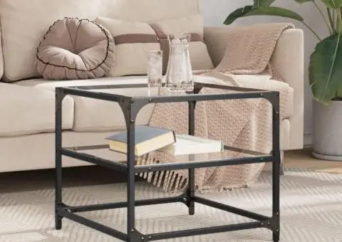 Măsuță de cafea, blat din sticlă transparentă, 50x50x45 cm oțel - 1/5