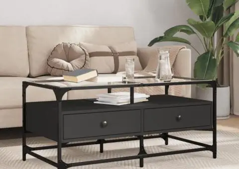 Măsuță de cafea cu blat din sticlă negru 98,5x50x45 cm oțel - 1/5