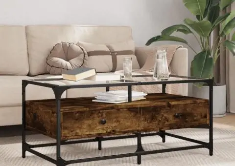 Măsuță cafea blat din sticlă stejar fumuriu 98,5x50x45 cm oțel - 1/5