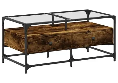 Măsuță cafea blat din sticlă stejar fumuriu 98,5x50x45 cm oțel - 2/5