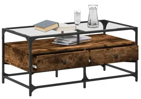 Măsuță cafea blat din sticlă stejar fumuriu 98,5x50x45 cm oțel - 3/5