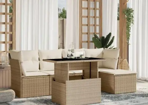 Set canapele de grădină cu perne, 6 piese, bej, poliratan - 1/5