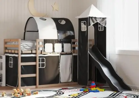 Pat supraetajat cu tobogan și perdele, alb și negru, 90x200 cm - 1/5
