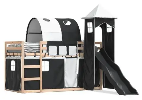 Pat supraetajat cu tobogan și perdele, alb și negru, 90x200 cm - 2/5