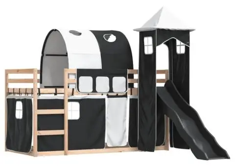 Pat supraetajat cu tobogan și perdele, alb și negru, 90x200 cm - 3/5