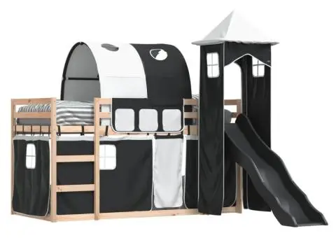 Pat supraetajat cu tobogan și perdele, alb și negru, 90x200 cm - 4/5