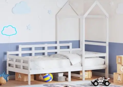 Pat de zi cu acoperiș, alb, 90x200 cm, lemn masiv de pin - 1/5