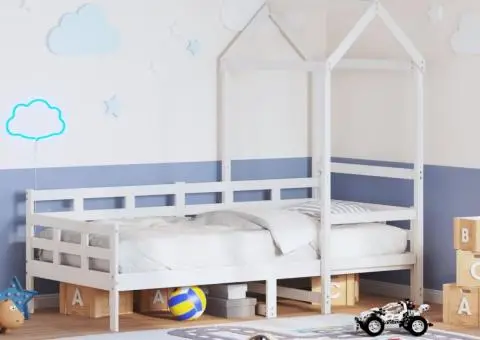 Pat de zi cu acoperiș, alb, 90x190 cm, lemn masiv de pin - 1/5