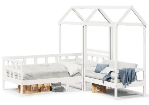 Set pat de zi cu acoperiș, alb, 90x190 cm, lemn masiv de pin - 2/5