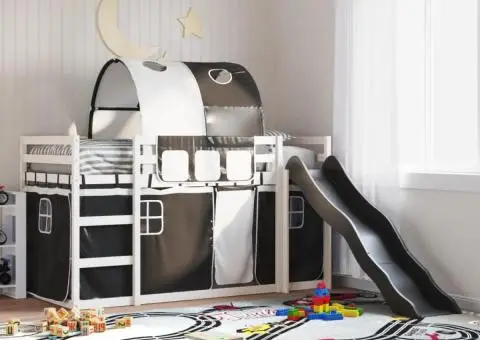Pat supraetajat cu tobogan și perdele, alb și negru, 90x200 cm - 1/5