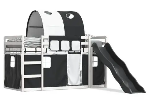 Pat supraetajat cu tobogan și perdele, alb și negru, 90x200 cm - 2/5