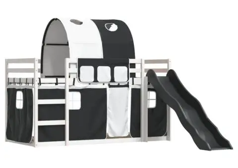 Pat supraetajat cu tobogan și perdele, alb și negru, 90x200 cm - 3/5