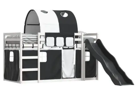 Pat supraetajat cu tobogan și perdele, alb și negru, 90x200 cm - 4/5
