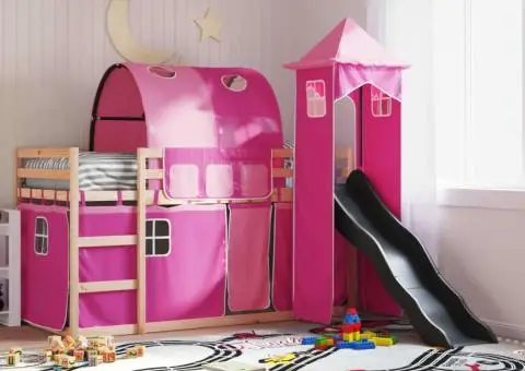 Pat supraetajat cu tobogan și perdele, roz, 90x200 cm - 1/5